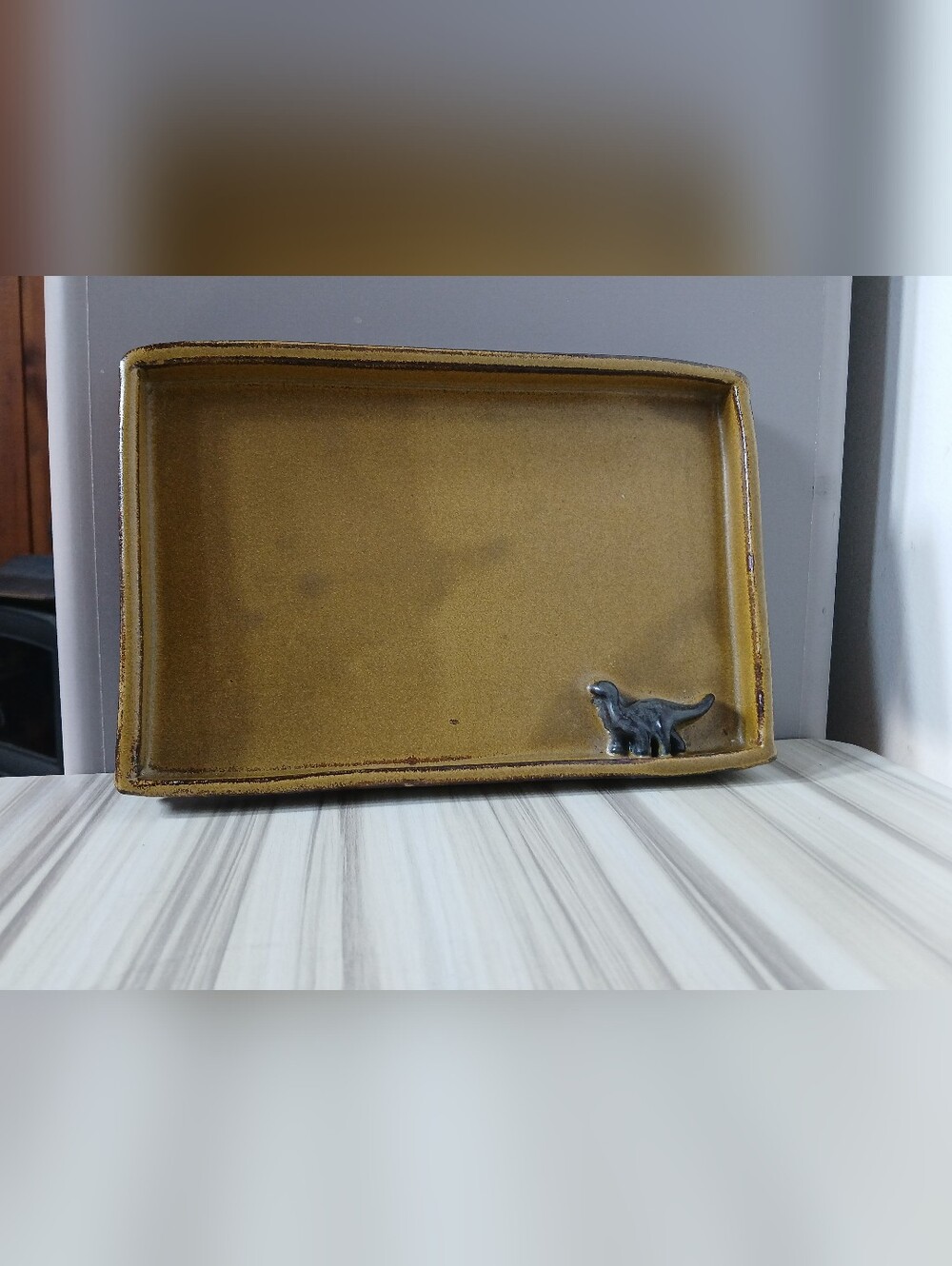 Signed Handmade Studio Art Pottery Trinket Tray 3D Dinosaur